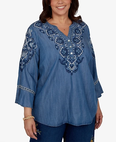 Alfred Dunner Plus Embroidered Henley Denim Blouse