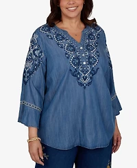 Alfred Dunner Plus Embroidered Henley Denim Blouse