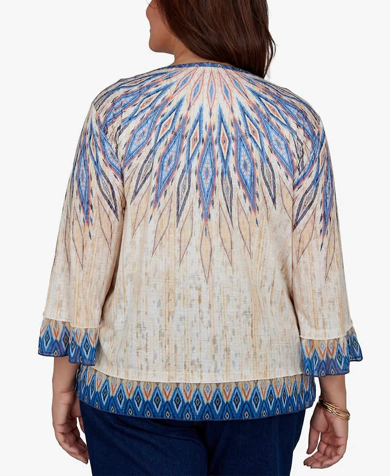 Alfred Dunner Plus Ikat-Print Scoop-Neck 3/4-Sleeve Blouse