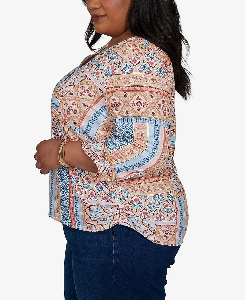 Alfred Dunner Plus 3/4-Sleeve Patchwork-Print Blouse