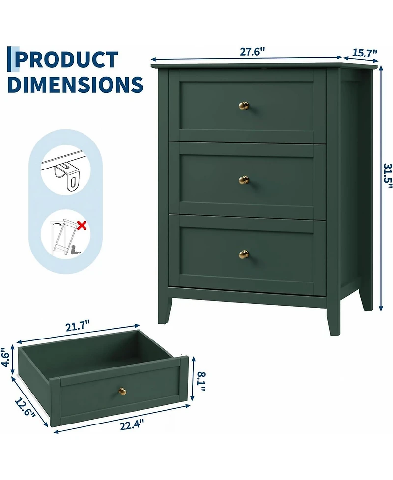 27.5" 3-Drawer Dresser with Lacquered Finish and Gold Knobs, Modern Nightstand