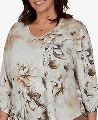Alfred Dunner Plus Floral-Print V-Neck 3/4-Sleeve Blouse