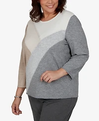 Alfred Dunner Plus 3/4-Sleeve Colorblock Crewneck Pullover Sweater