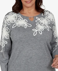 Alfred Dunner Plus 3/4-Sleeve Keyhole Neck Floral Embroidery Sweater