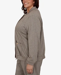 Alfred Dunner Plus Striped Mandarin Collar Bomber Jacket