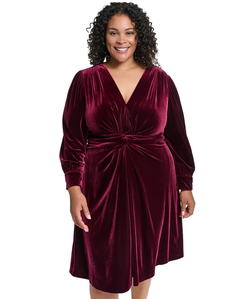 Vince Camuto Plus Twist Front Long-Sleeve Cocktail V-Neck Velvet Dress