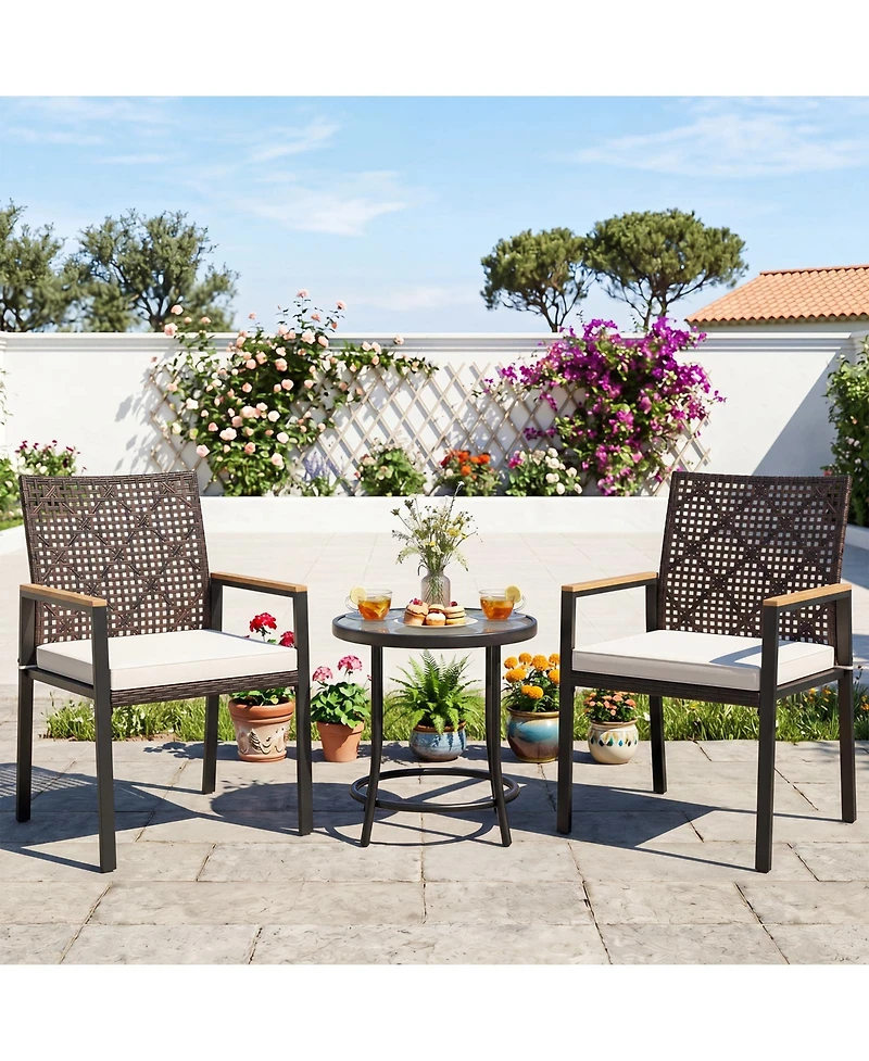 Gymax Patio Dining Chairs Set of 4 w/Acacia Wood Armrests Soft Padded Cushion for Yard