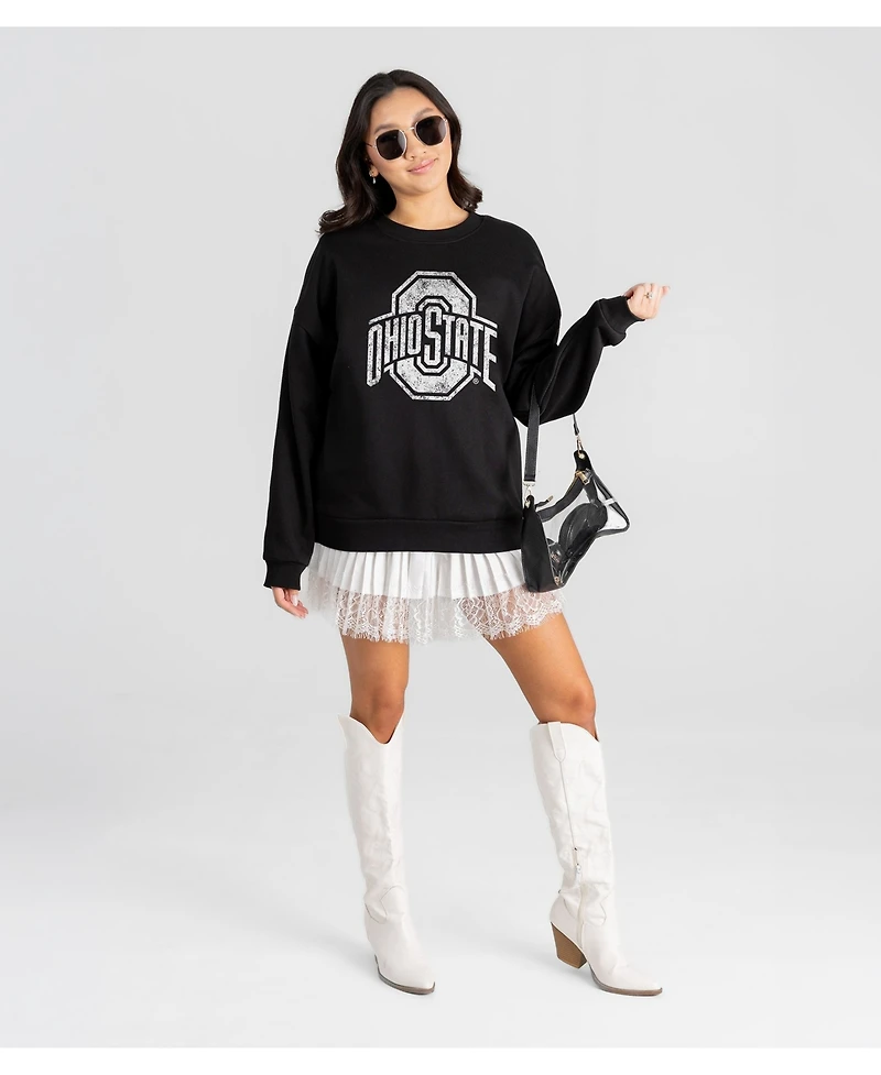Gameday Couture Women's Ohio State Buckeyes Bold Move Black Label Drop-Shoulder Oversized-Fit Distressed-Graphic Cotton-Blend Sweatshirt