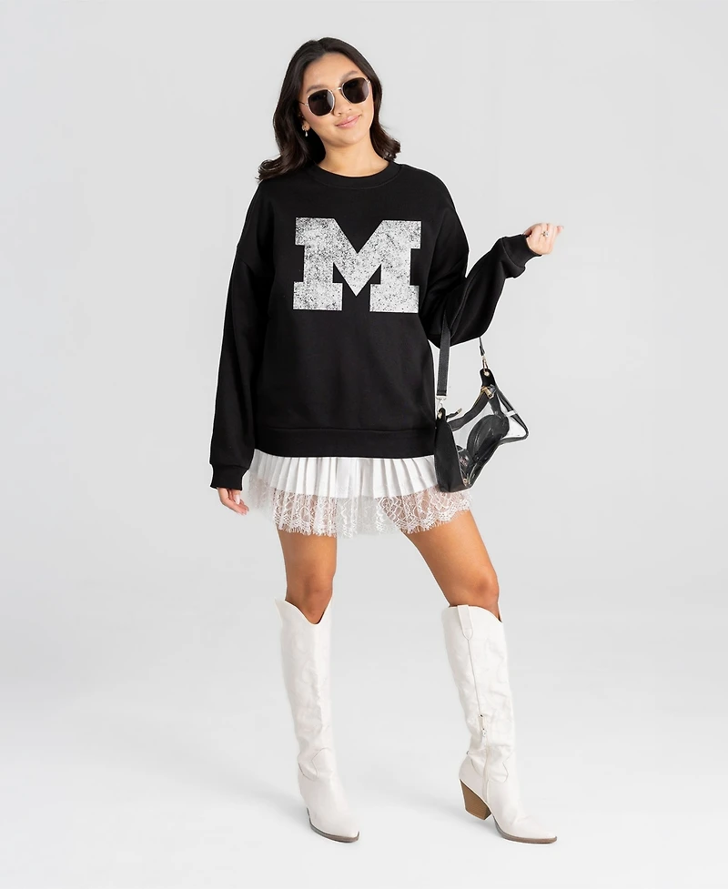 Gameday Couture Women's Bold Move Black Label Michigan Wolverines Oversized-Fit Dropped-Shoulder Distressed-Graphic Sweatshirt