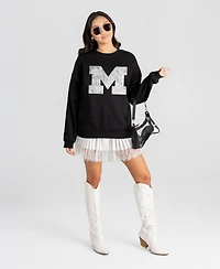 Gameday Couture Women's Bold Move Black Label Michigan Wolverines Oversized-Fit Dropped-Shoulder Distressed-Graphic Sweatshirt