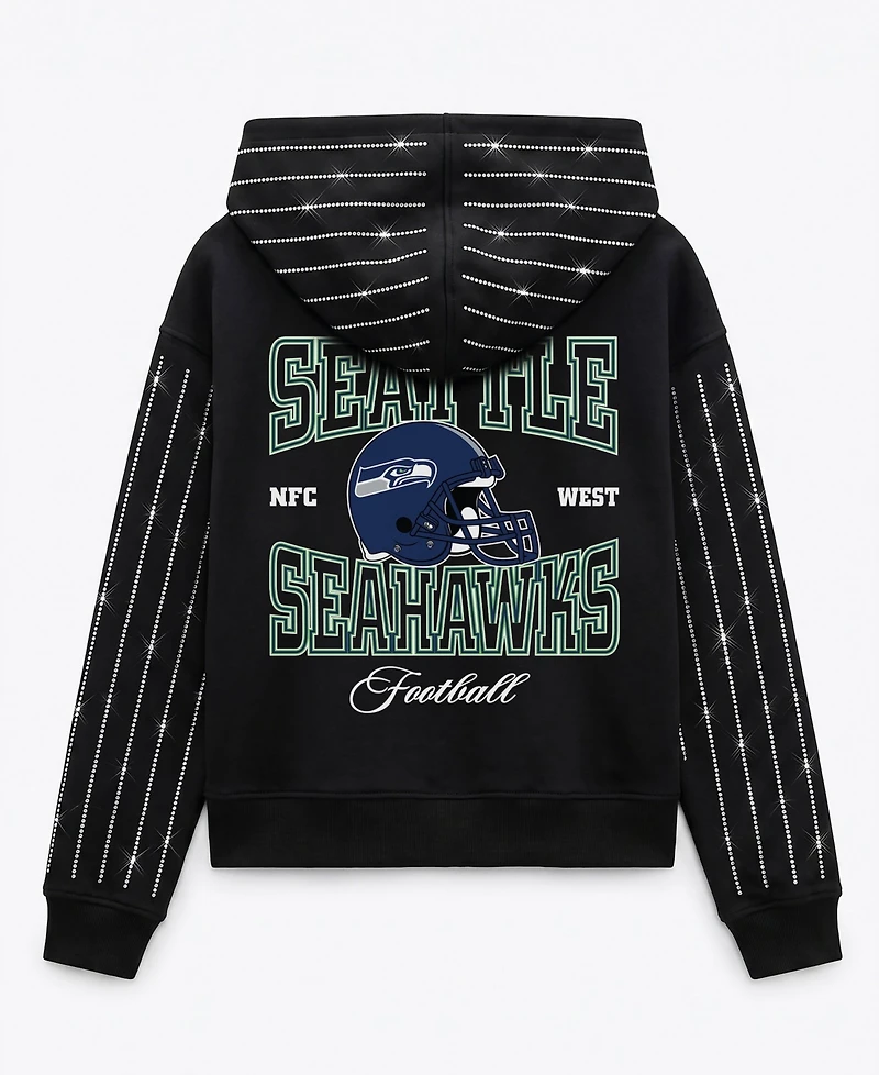 Gameday Couture Women's Seattle Seahawks Eyes on the Prize Cropped Full-Zip Pinstripe Rhinestone Hoodie