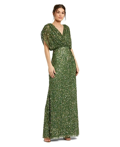 Mac Duggal Women's Sequin Draped Sleeve V-Neck Gown