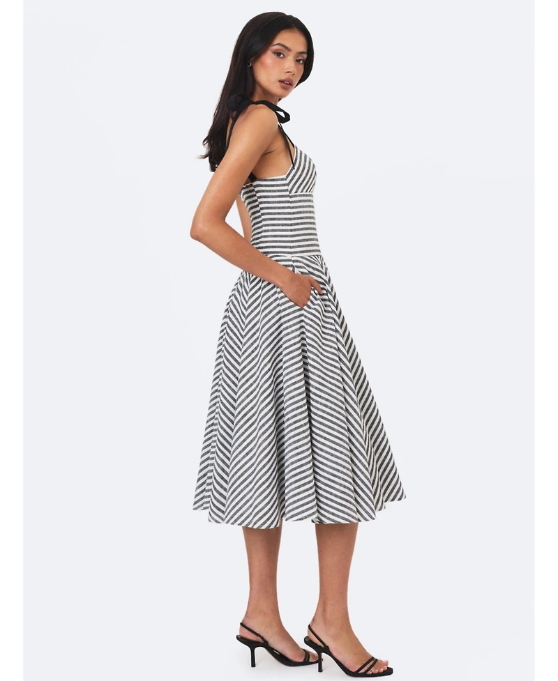 Miss Circle Women's Riley Black and White Striped Linen Flared Midi Dress