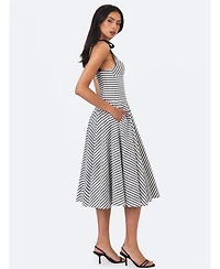 Miss Circle Women's Riley Black and White Striped Linen Flared Midi Dress