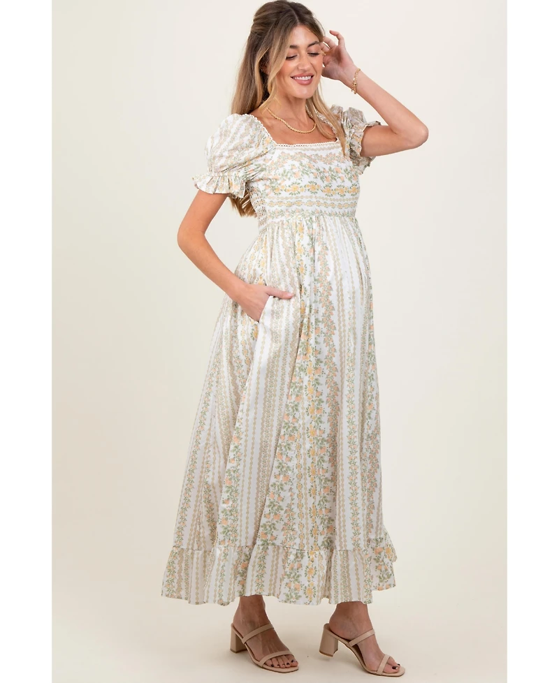 Pinkblush Women's Peach Floral Puff Sleeve Lace Trim Maxi Dress