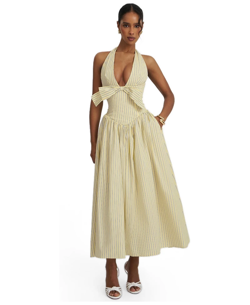 Miss Circle Women's Talise Lemon Yellow Cotton Poplin Stripe Plunging Halter Maxi Dress