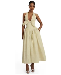 Miss Circle Women's Talise Lemon Yellow Cotton Poplin Stripe Plunging Halter Maxi Dress