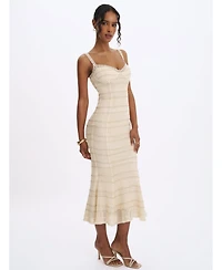 Miss Circle Women's Xiomara Beige and Gold Stripe Crochet Knit Mermaid Midi Dress