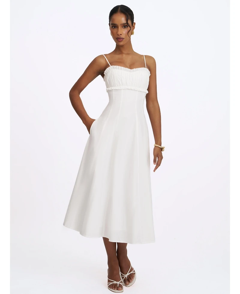 Miss Circle Women's Vicenta White Cotton Poplin Ruched Midi Dress