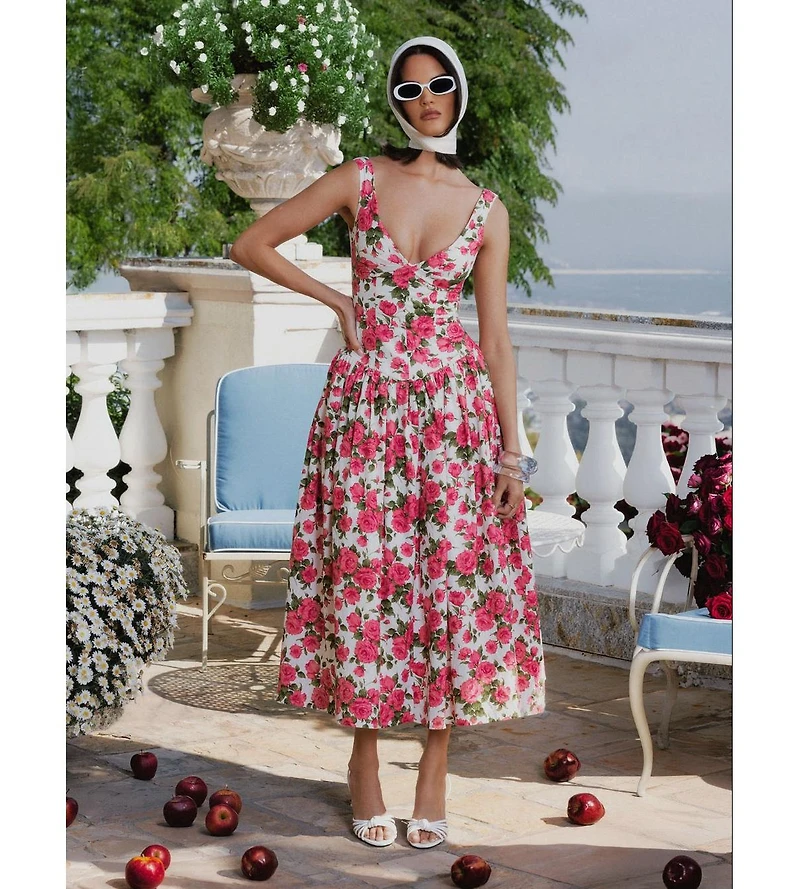 Miss Circle Women's Wilfreda Blooming Pink Floral Linen Sweetheart Midi Dress