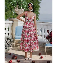 Miss Circle Women's Wilfreda Blooming Pink Floral Linen Sweetheart Midi Dress