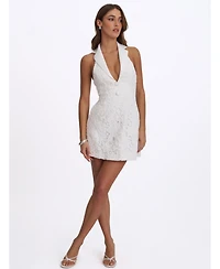 Miss Circle Women's Ignacia White Cotton Lace Halter A-Line Mini Dress