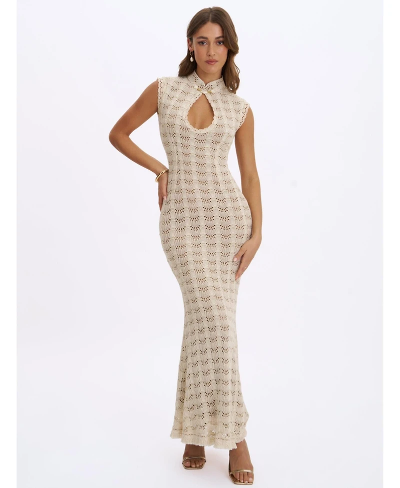 Miss Circle Women's Xylona Beige and Gold Crochet Teardrop Neckline Mermaid Maxi Dress