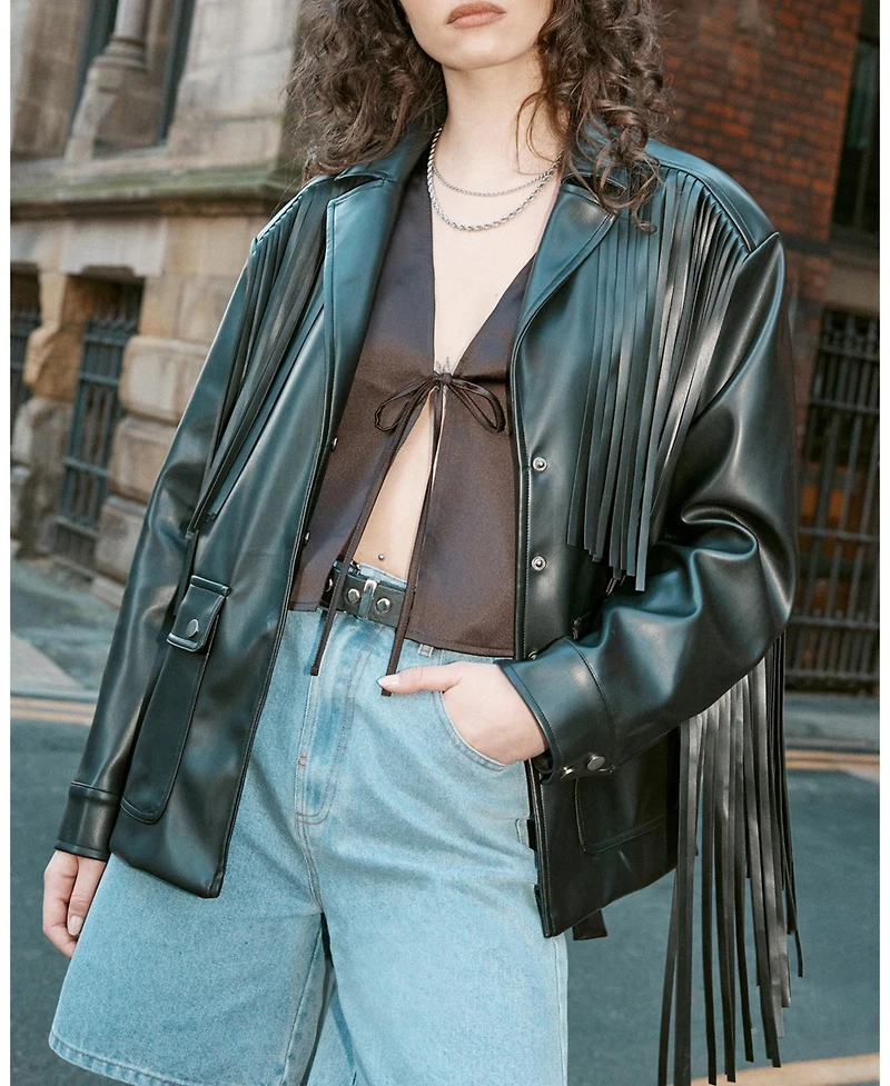 Nasty Gal Women's Fringe Faux Leather Belted Jacket