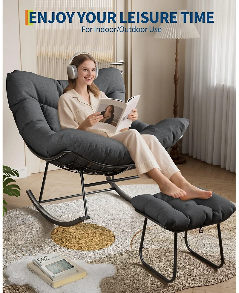 homfan Oversized Patio Papasan Egg Rocking Chair Set with Ottoman - Heavy-Duty Uv-Resistant Pe Wicker and Sturdy Metal Frame