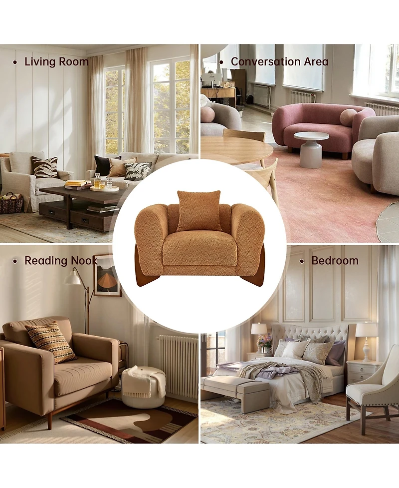 Morden Fort Caramel Boucle Accent Arm Chair Upholstered Living Room Bedroom Reading Nook Modern Sofa Chairs with Wood Legs