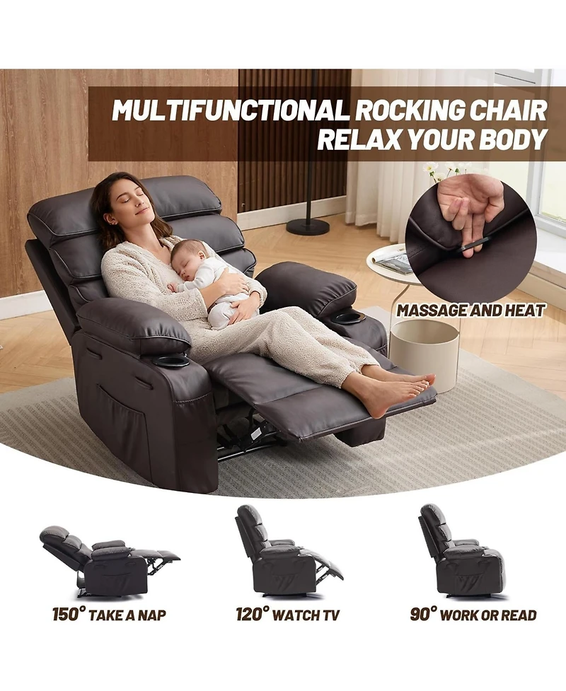 homfan Wide Linen Fabric Recliner Chair, 360 degree Swivel Rocking Chair with Heating and Massage Function, Side Pocket Design for Home Relaxation