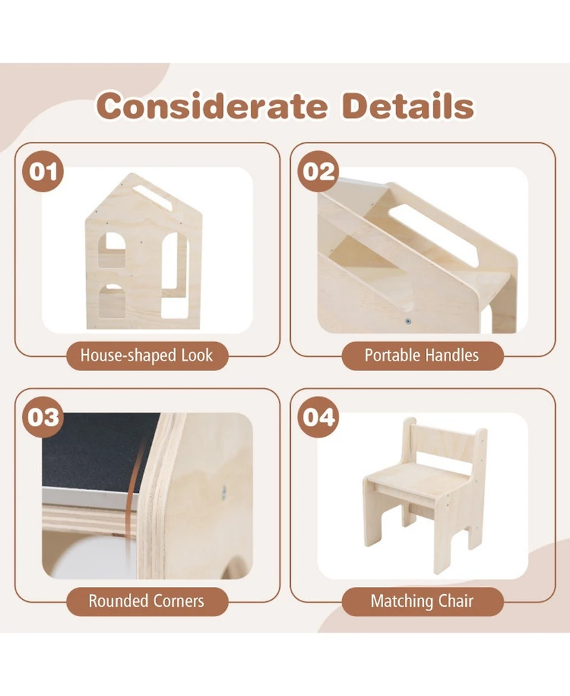 Sugift House Shaped Wooden Kids Table and Chair Set 3-in-1 Activity Desk with Chalkboard and Bookshelf