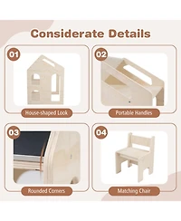 Sugift House Shaped Wooden Kids Table and Chair Set 3-in-1 Activity Desk with Chalkboard and Bookshelf