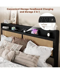 gaomon Rattan Bed Frame with Storage Drawer and Led Lights, Platform Charging Station, Headboard Shelf, Cane Panels