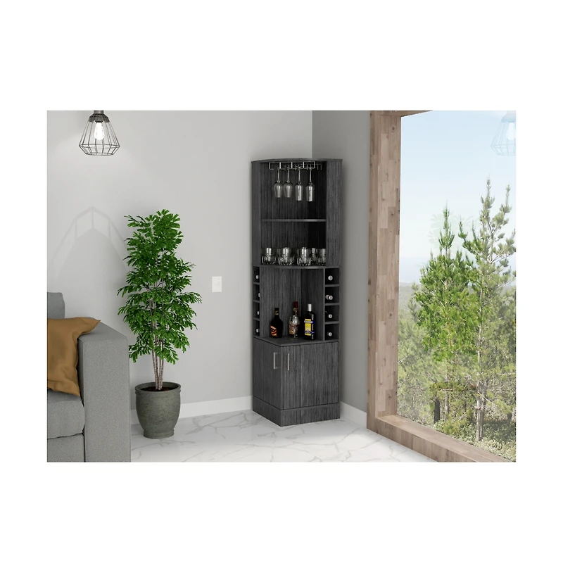Fm Furniture Aspen Kava Corner Bar Cabinet with Wine Bottle Storage, Stemware Rack, and Shelves Smoky Oak