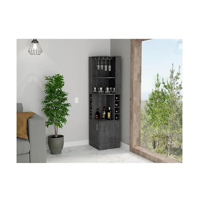 Fm Furniture Aspen Kava Corner Bar Cabinet with Wine Bottle Storage, Stemware Rack, and Shelves Smoky Oak