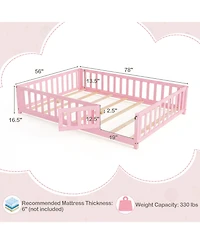 Gymax Full Size Floor Bed Montessori Bed Frame with Full-length Guardrails and Safety Door