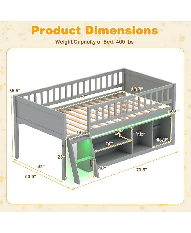 Gymax Twin Size Loft Bed with Adjustable Led Lights Bookshelves Safety Guardrails