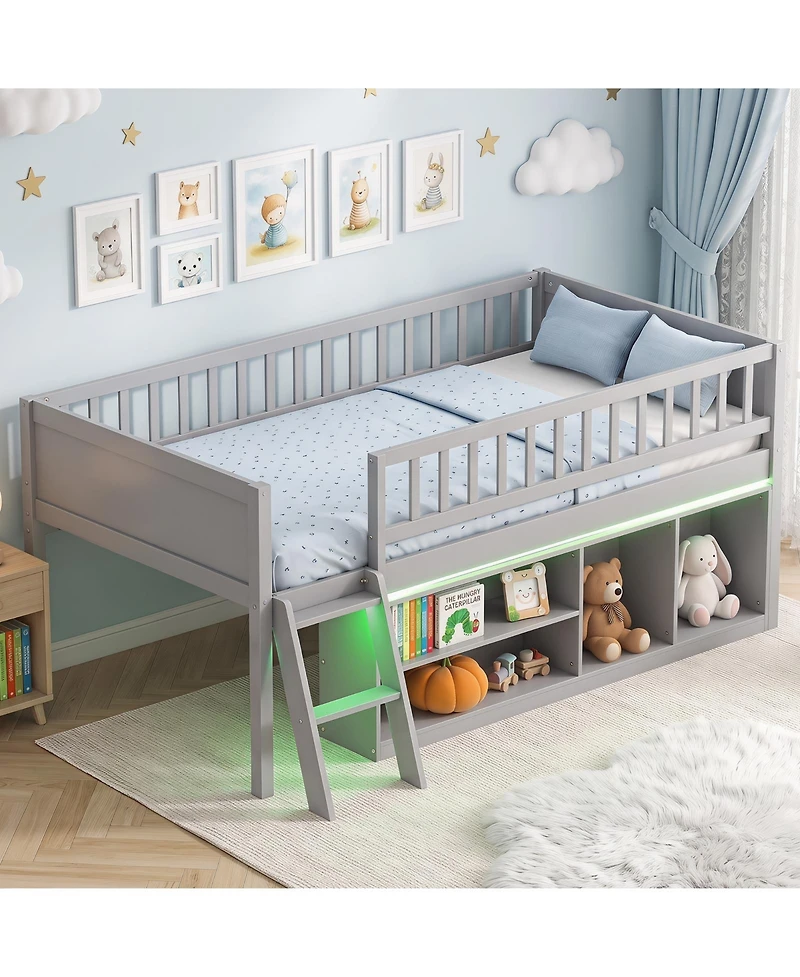 Gymax Twin Size Loft Bed with Adjustable Led Lights Bookshelves Safety Guardrails