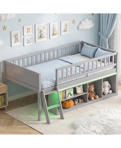 Gymax Twin Size Loft Bed with Adjustable Led Lights Bookshelves Safety Guardrails