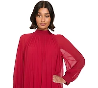 London Times Women's Petite Pleated Shift Long-Sleeve Mock-Neck Dress