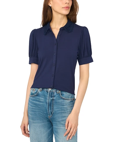 CeCe Women's Scallop-Trim Collared Short-Sleeve Button-Front Top