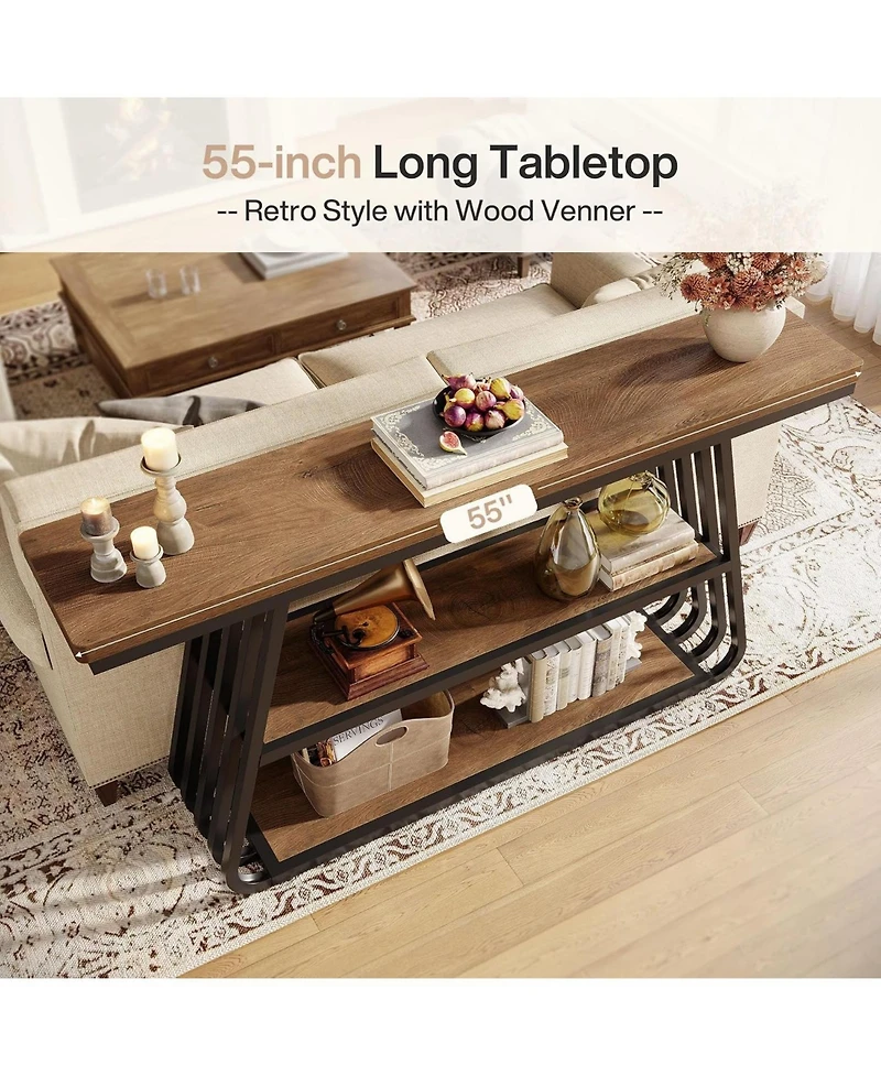 Tribesigns 55" Entryway Table with Shelves 3-Tier Console Table With Iron Frame Wooden Entry Table For Living Room,Foyer,Hallway.Industrial Style