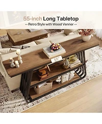 Tribesigns 55" Entryway Table with Shelves 3-Tier Console Table With Iron Frame Wooden Entry Table For Living Room,Foyer,Hallway.Industrial Style