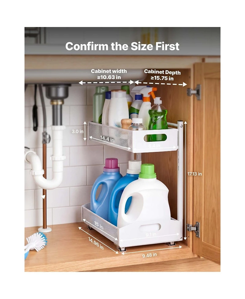 Sugift 2 Pack 2-Tier Pull Out Under Sink Organizer with 4-Level Height Adjustment for Cabinets