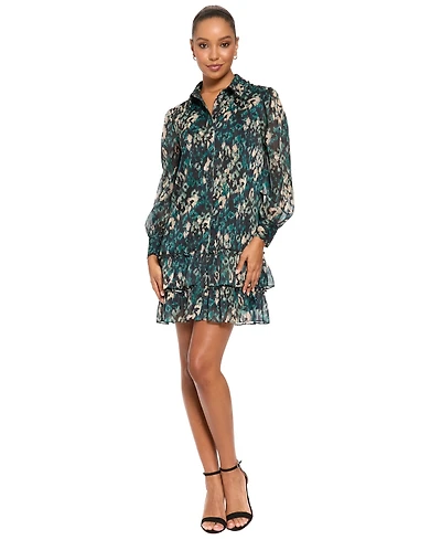 London Times Women's Tiered Chiffon Long-Sleeve Ruffle Dress
