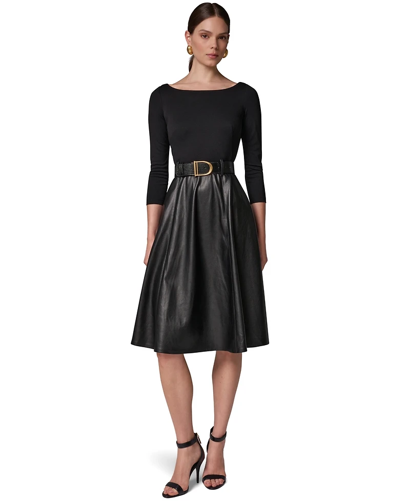 Donna Karan New York Women's Boat Neck Mixed Media Belted Fit & Flare Dress
