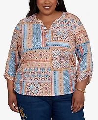 Alfred Dunner Plus 3/4-Sleeve Patchwork-Print Blouse