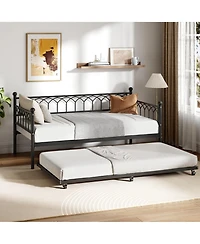 homfan Twin Metal Sofa Bed with Pull Out Lower Bed, Led Light Daybed Frame for Kids Bedroom Living Room Guest Room, Pink/Black