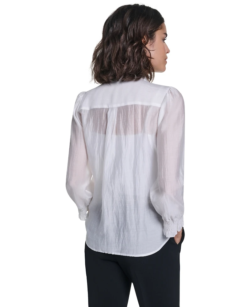 Karl Lagerfeld Paris Women's Ruffle Button Woven Collar Neck Top